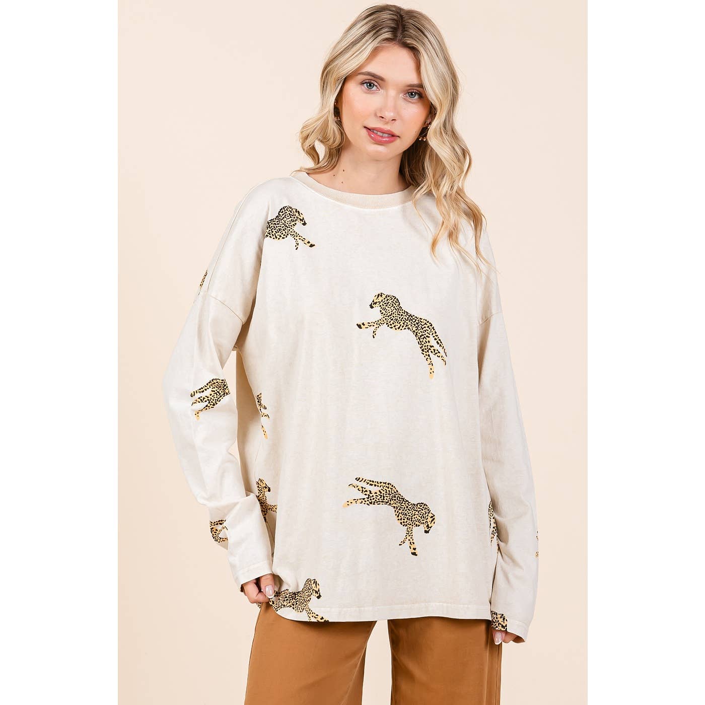 mittoshop - Wholesale Knit Top - Women's - MINERAL WASH CHEETAH PRINT LONG SLEEVE TOP0