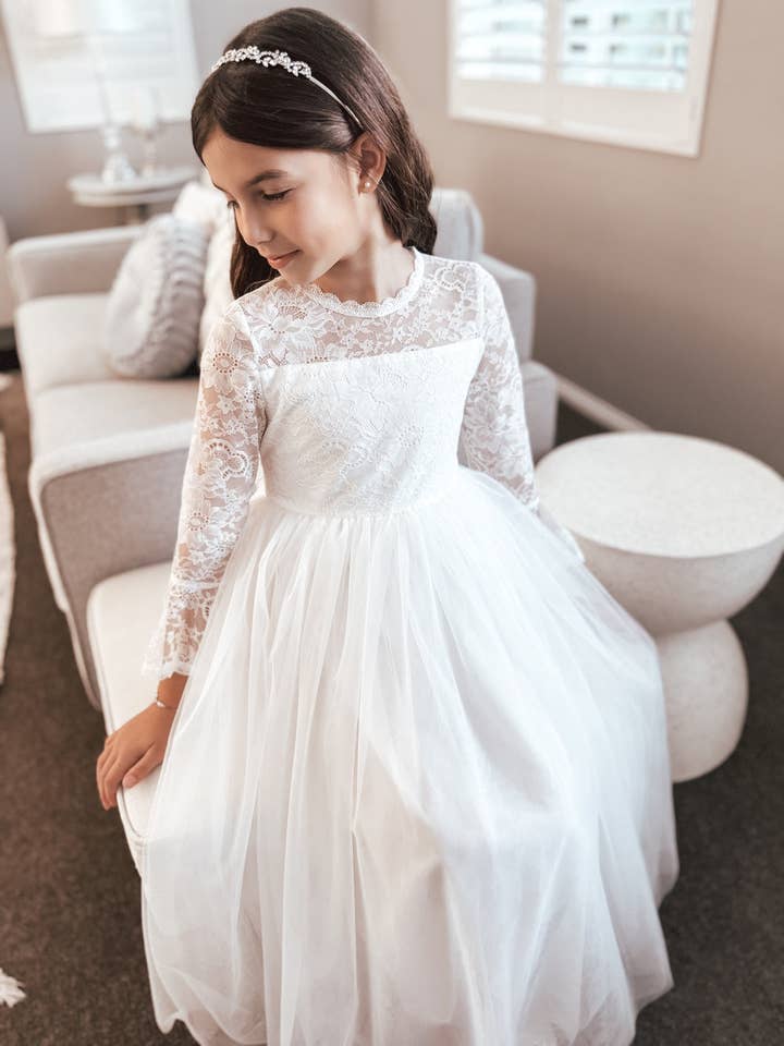 A Little Lacey - Wholesale Dress - Kids - Melody Long Sleeve Girls White Dress