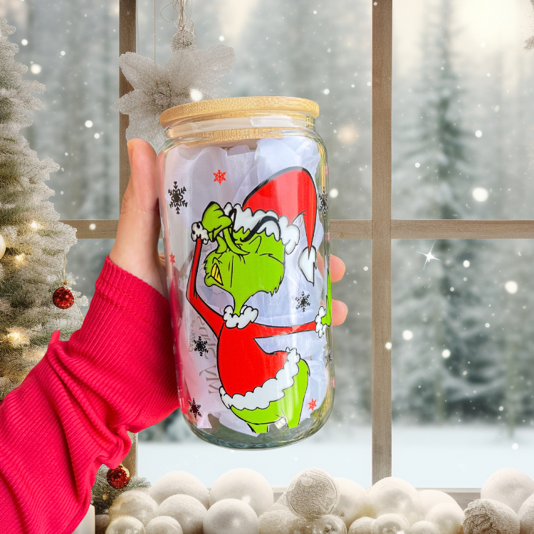 MySunshineCandless - Wholesale Drinking Glass/Cup - Christmas Grinch Cup 16oz Glass Can Cup With lid and Straw, Holiday Iced Coffee Glass, Beer Can Glass, Christmas gift for friend Christmas tumbler2