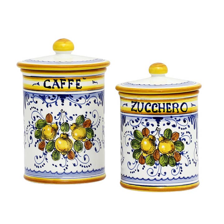LIMONCINI: Tuscan Canister Set 'ZUCCHERO' & 'CAFFE' - Lemon design (Set of two as shown) for wholesale by Artistica - Deruta of Italy