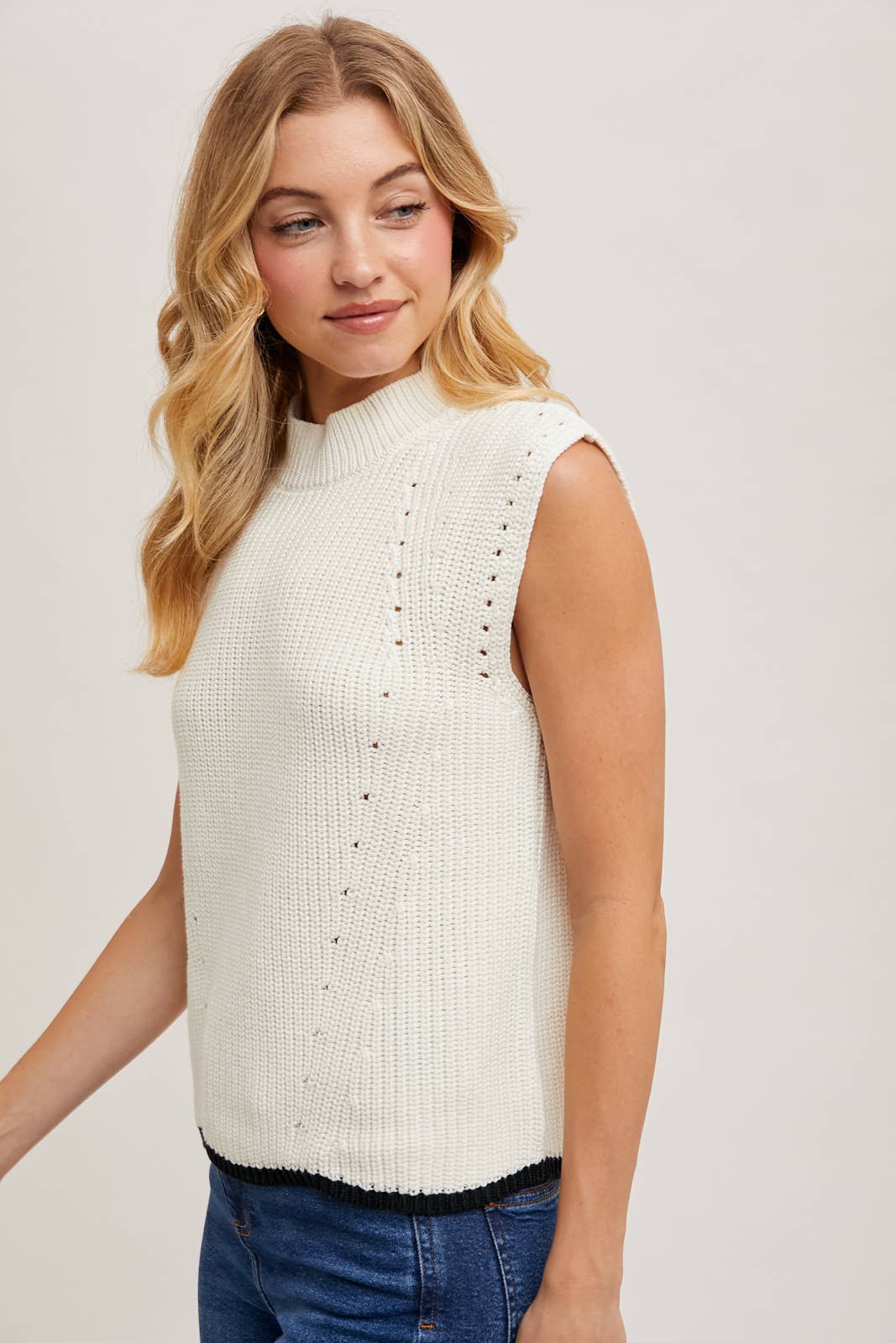 Bluivy - Wholesale Sweater Vest - Women's - MOCK KNECK CONTRAST BOTTOM HEM CAP-SLEEVED KNIT SWEATER VEST11