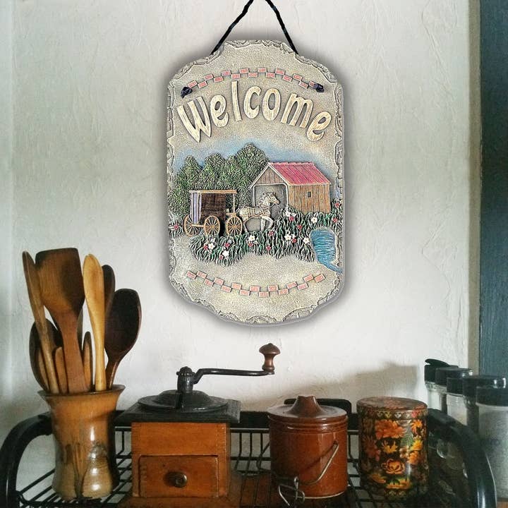 HomeRoots – wholesale Sign – Horse Buggy and Bridge Indoor Outdoor Welcome Wall Decor2