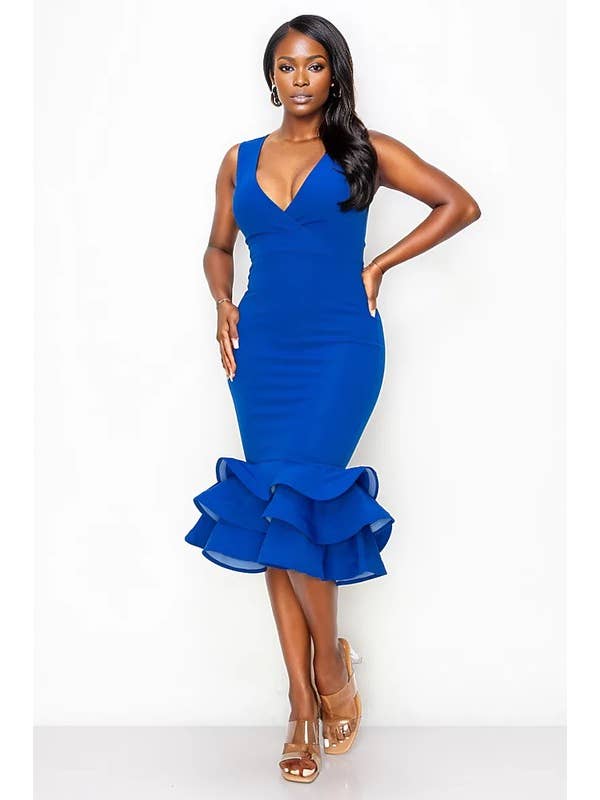 5besties inc - Wholesale Dress - Women's - Valentine V-neck Ruffle Detail Midi Dress.