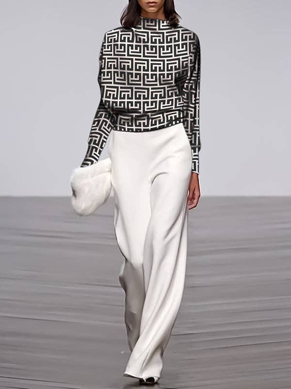BLACK Long Sleeves Loose Geometric Printed Stand Collar T-Shirts Tops for wholesale on Faire