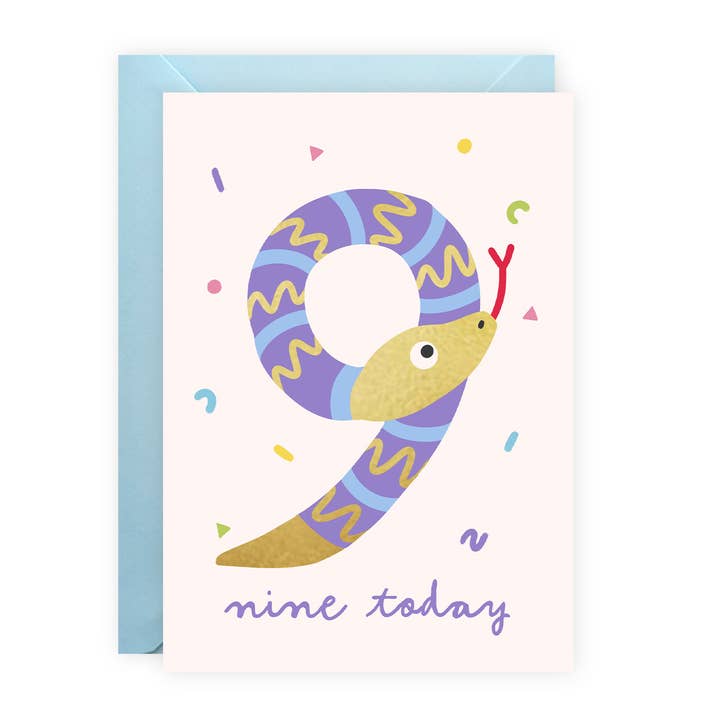Foiled Unisex 9th Birthday Card - Age Nine - Snake for wholesale by Painted Parasol Studio