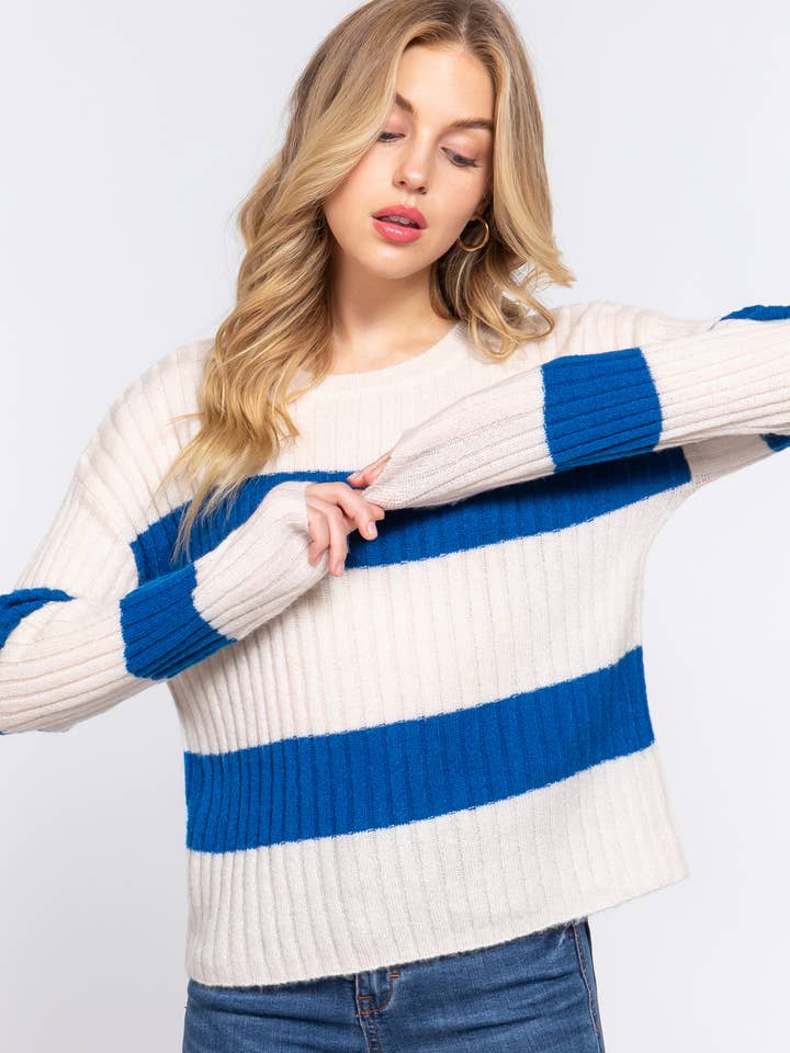 42POPS - Wholesale Knit Sweater - Women's - ' Round Neck Stripe Sweater