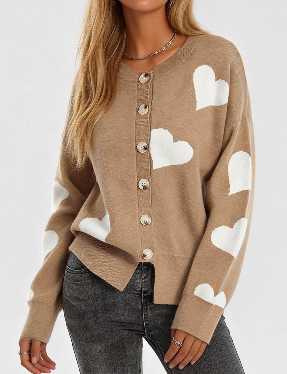 Sweetkama – Cardigan - Mulher por atacado – Cardigan feminino com coração e botões, gola redonda, modelo 236810