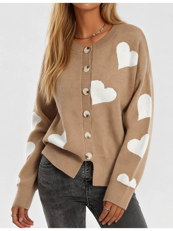 Sweetkama – Cardigan - Mulher por atacado – Cardigan feminino com coração e botões, gola redonda, modelo 236810