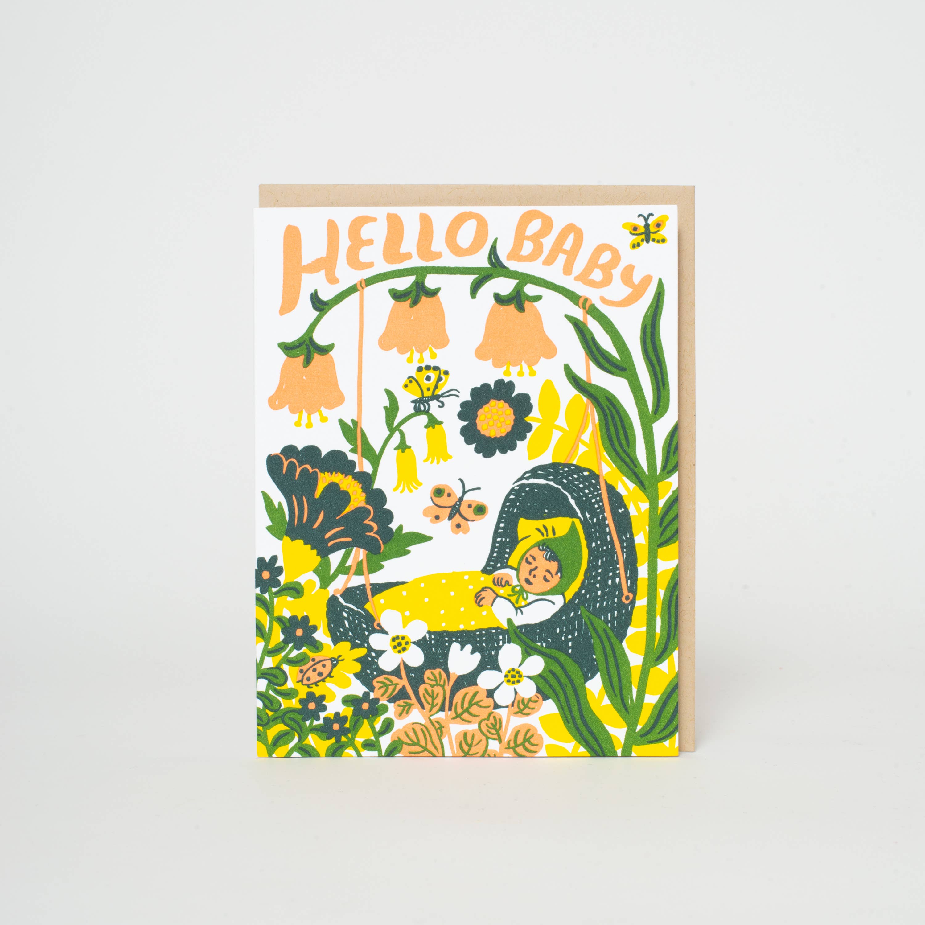 Egg Press Manufacturing - Wholesale Baby Card - Hello Baby Bassinet (Yellow) Letterpress Greeting Card by Phoebe Wahl1