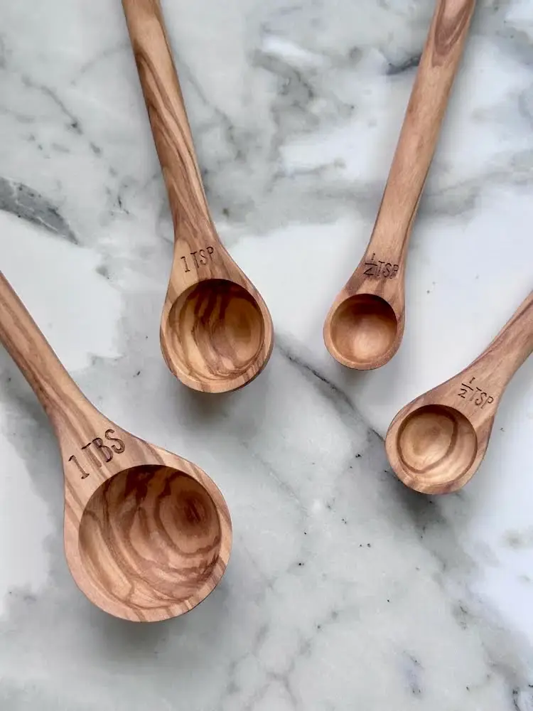 Salt & York - Wholesale Measuring Spoon - Handcrafted Olive Wood Long Handle Measuring Spoons Set4