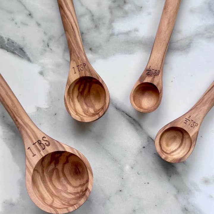 Salt & York - Wholesale Measuring Spoon - Handcrafted Olive Wood Long Handle Measuring Spoons Set4