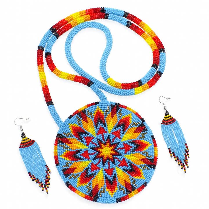 Cyan Blue Fire Sunburst Beaded Pendant Necklace & Earrings Set for wholesale by BEADS CORNER