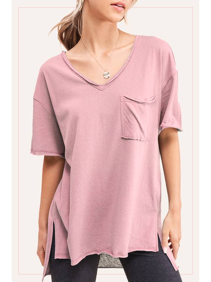 La Miel - Wholesale T-shirt – women's - JAT7459-V-neck Front Pocket Breathable Short Sleeve Top