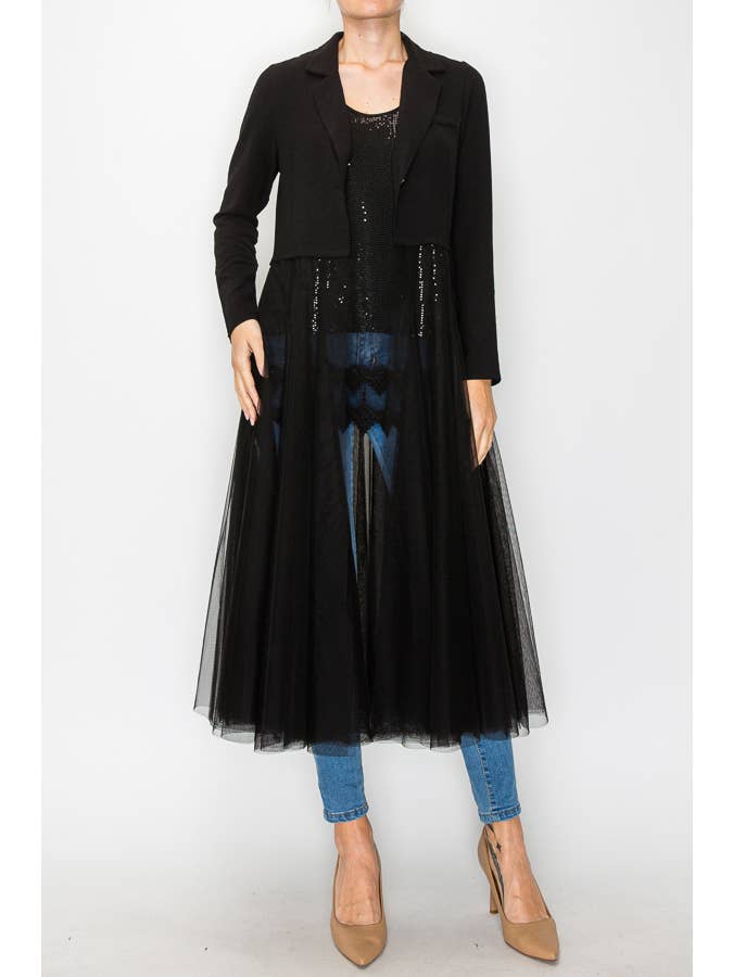 Chic Contrast Longline Blazer Jacket With Mesh Tulle Panel - 4773 BLACK for wholesale on Faire1