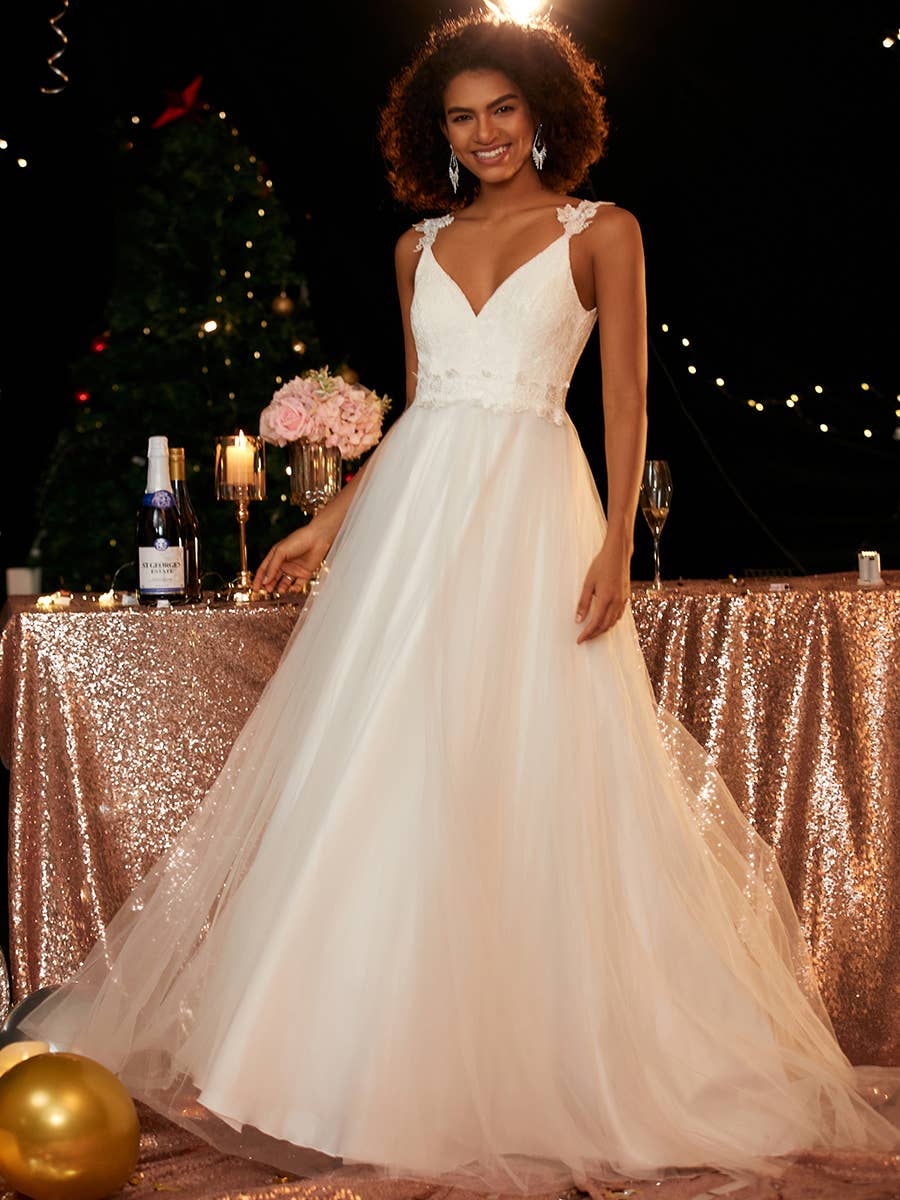 Ever-Pretty - Wholesale Gown - Women's - Double V Neck Lace Tulle Wedding Dress0