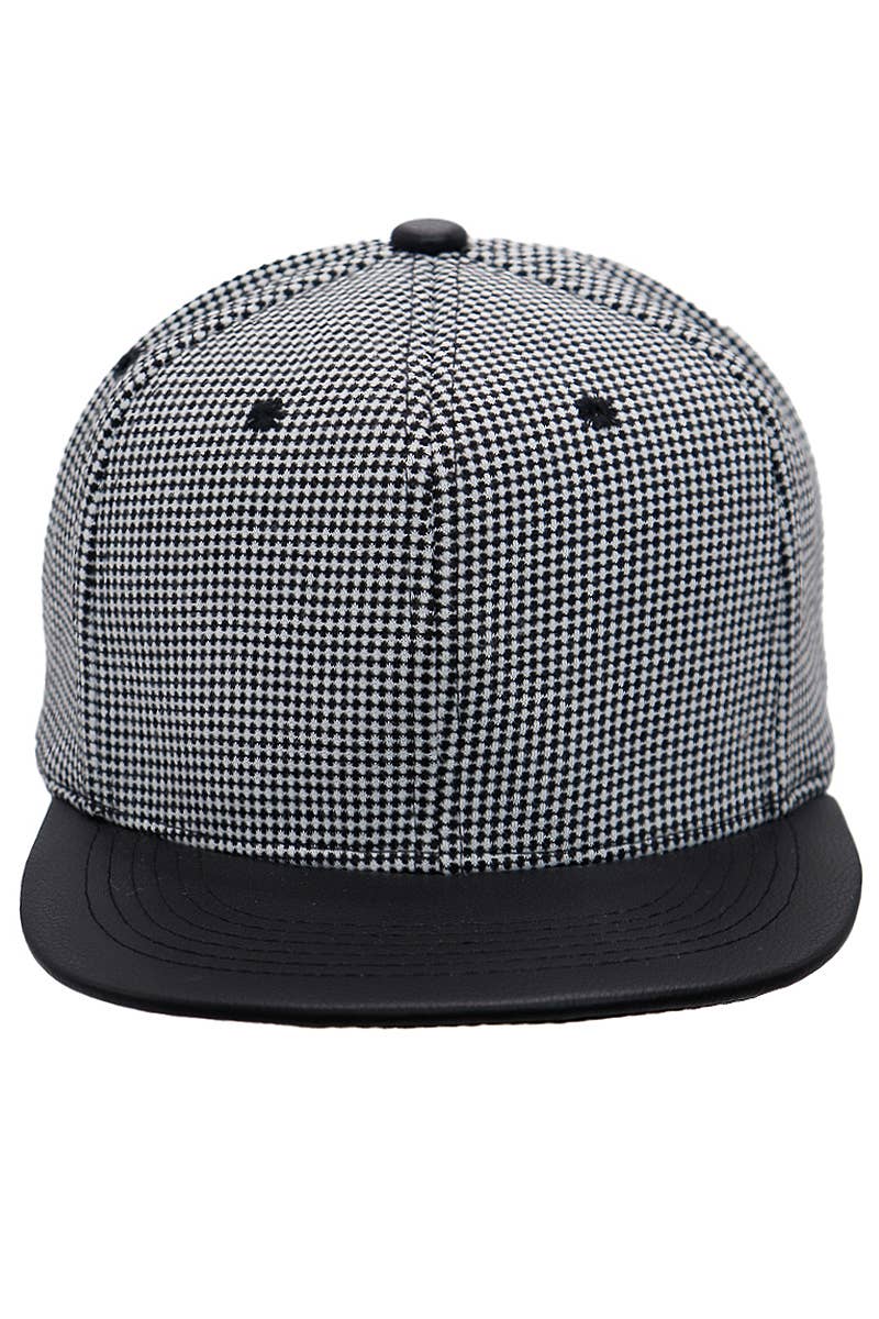 White Black Checkered Plaid PU Leather Flat Bill Snapback for wholesale on Faire1