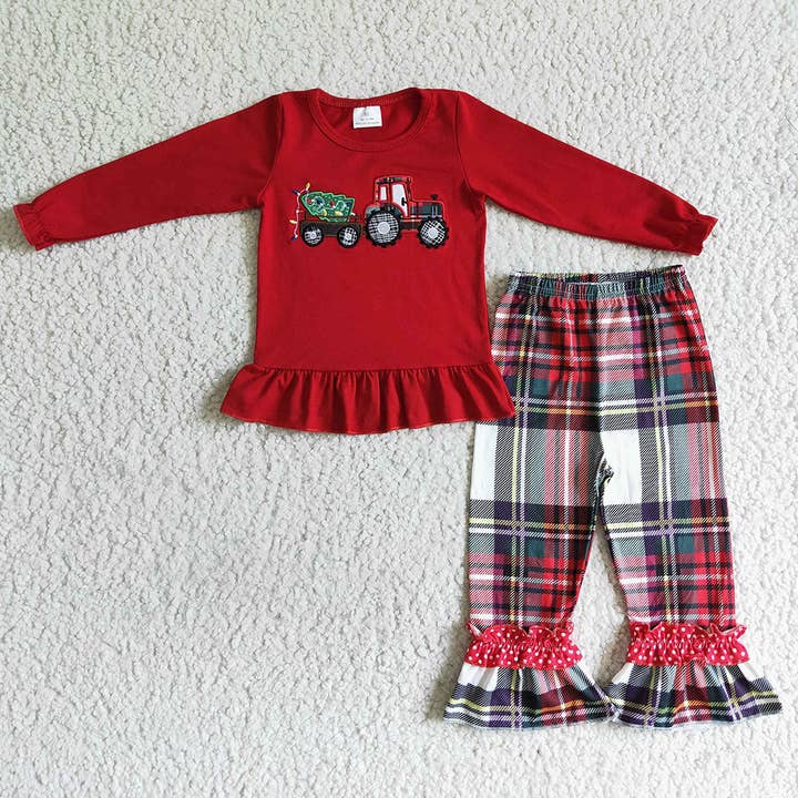 Ensembles de pantalons de tracteur à volants à carreaux de Noël pour bébés filles pour la vente par Aier Wholesale