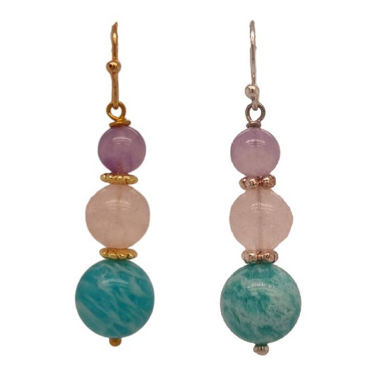 Oorbellen van Acqua Amazoniet, Rozenkwarts en Amethist voor wholesale door PearlGem Designs