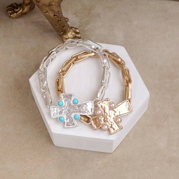 PennyLine inc - Wholesale Charm/Dangle Bracelet - Sacred Shape – Sideways Hammered Cross Stretch Chain Bracelet7