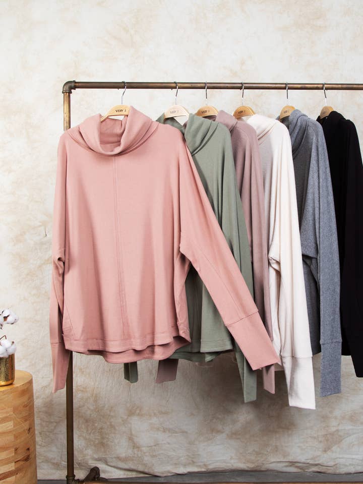 VERY J - Wholesale Tunic - Women's - NT11246-Mock Neck Dolmen Sleeve Oversized Tunic Knit Top