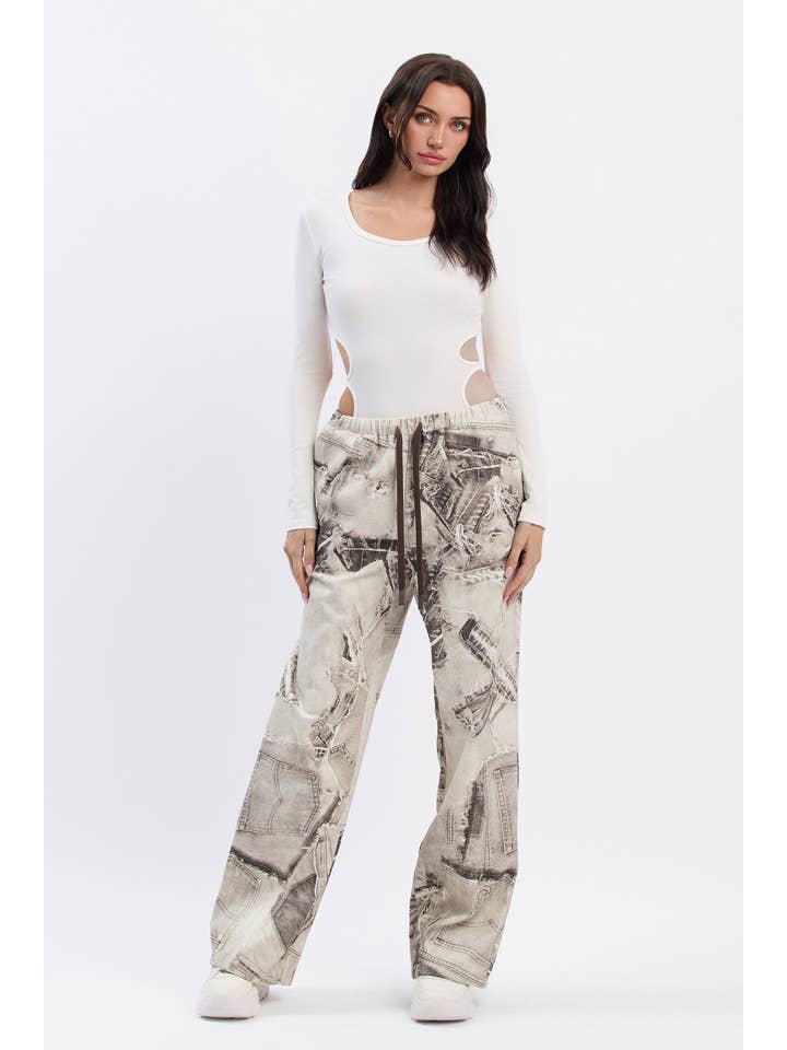No Vacancy - Wholesale Pants - Women's - Denim print wide legged pants w/ drawstring9