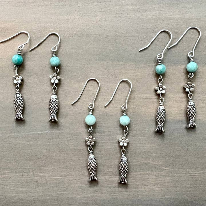 Swim Away Amazonite Stone And Fish Drop Earrings for wholesale by Twist Style