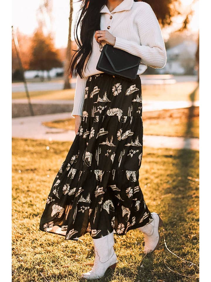Black Western Ruffle Tiered Maxi Skirt for wholesale on Faire
