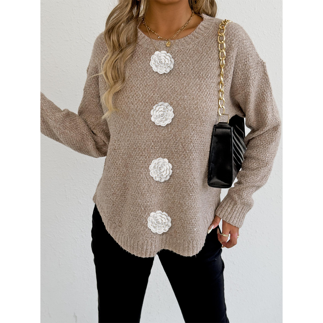 UNISHE - Wholesale Knit Sweater - Women's - Casual Button Crochet Floral Decor Pullover Sweater OYM2450