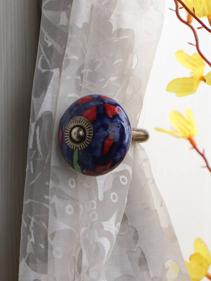 Handmade Blue and Red Color Round Shape Floral Design Curtain Tie Back Hook Rustic Bathroom Towel Hook Antique Hook (Set of 2) for wholesale by KNOBCO