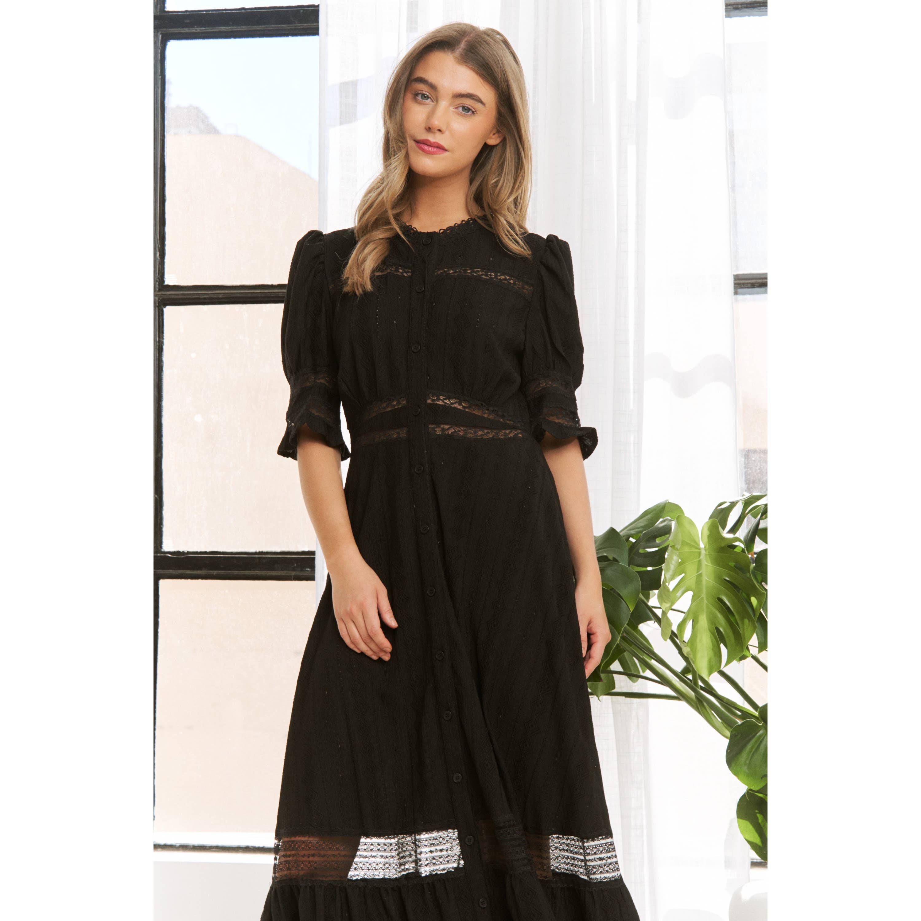 Sweet Generis - Wholesale Dress - Women's - CHIC WOVEN MAXI BUTTON DOWN SHIRT DRESS WITH TRIM LACE DETAI2