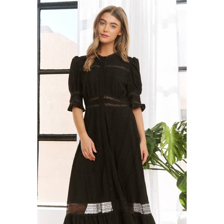 Sweet Generis - Wholesale Dress - Women's - CHIC WOVEN MAXI BUTTON DOWN SHIRT DRESS WITH TRIM LACE DETAI2