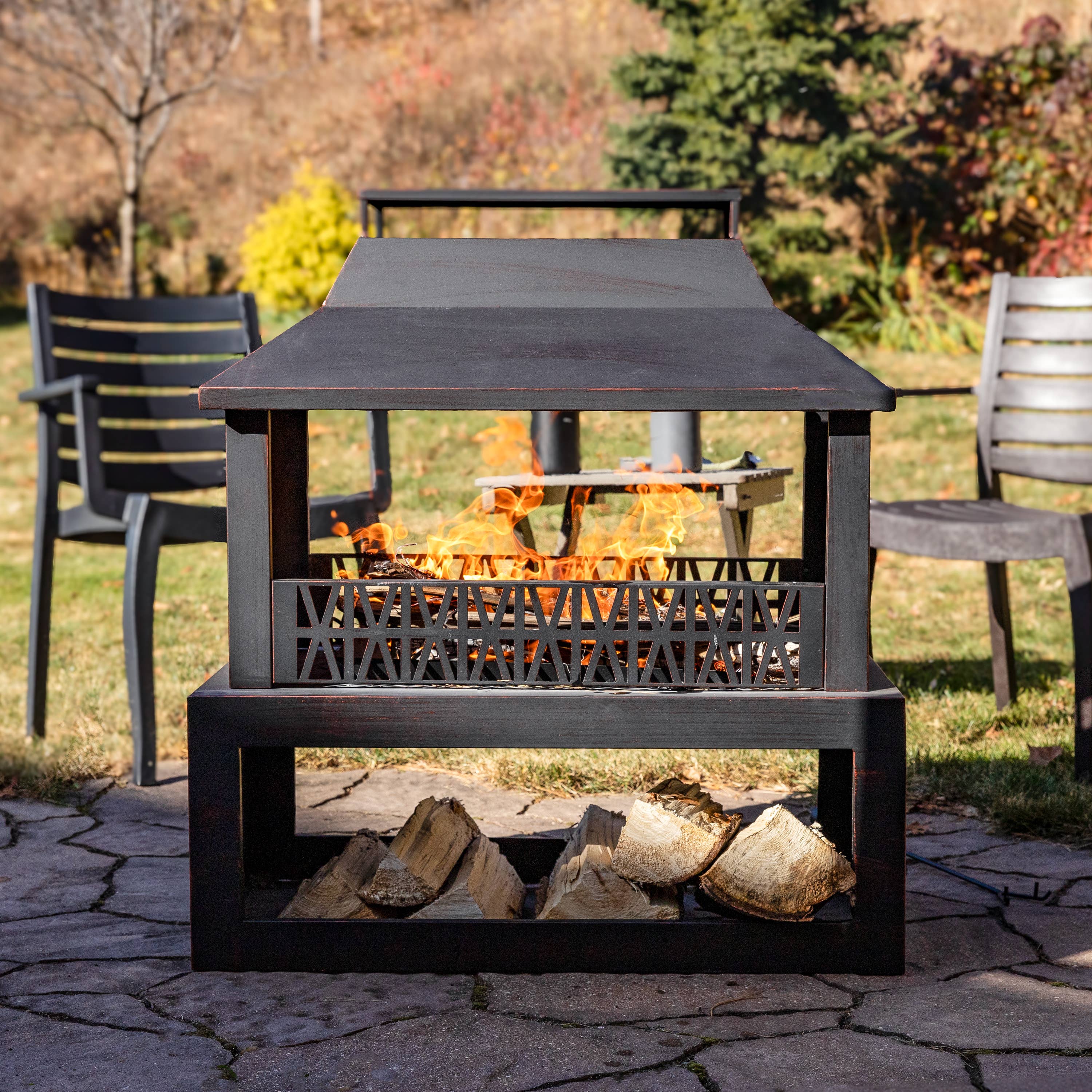 Sunnydaze Decor - Wholesale Fire Pit - 32 in Steel Outdoor Fireplace with Log Storage - Bronze4