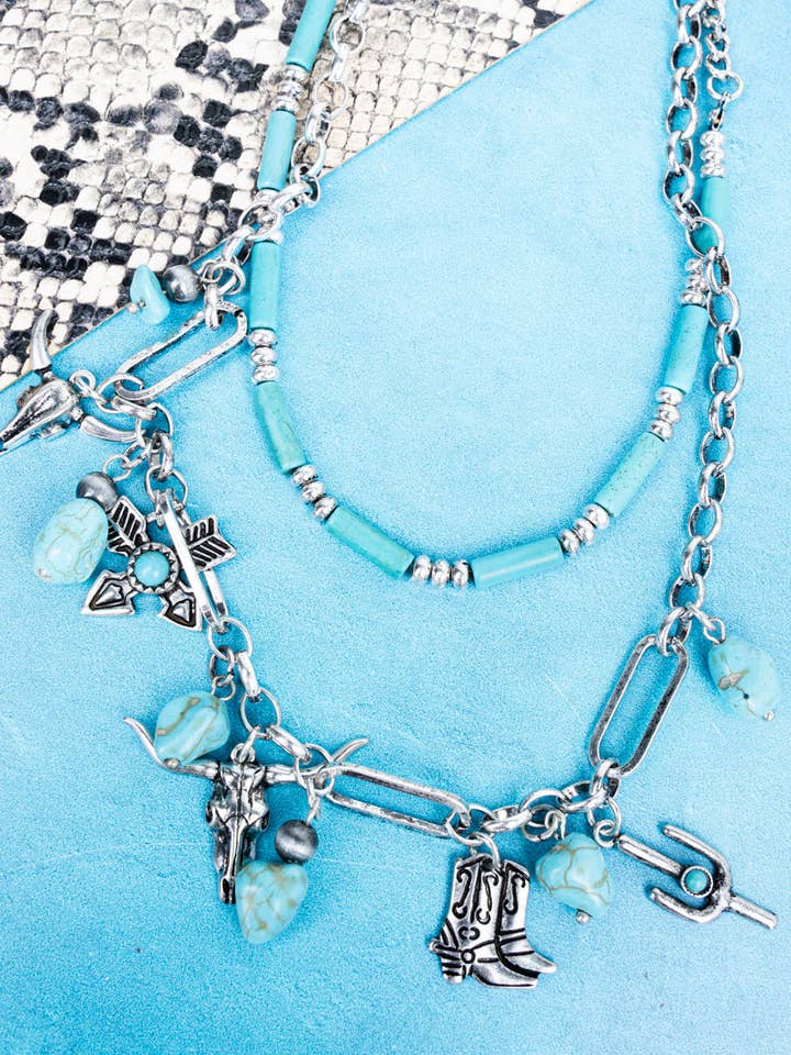 TIPI Turquoise Ranch Revival Silvertone Double Necklace Set for wholesale by Wholesale Accessory Market