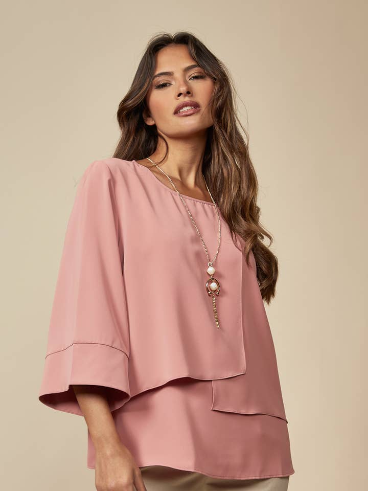 Layered Top With 3/4 Sleeves in Pink with Necklace for wholesale by Hoxton Gal