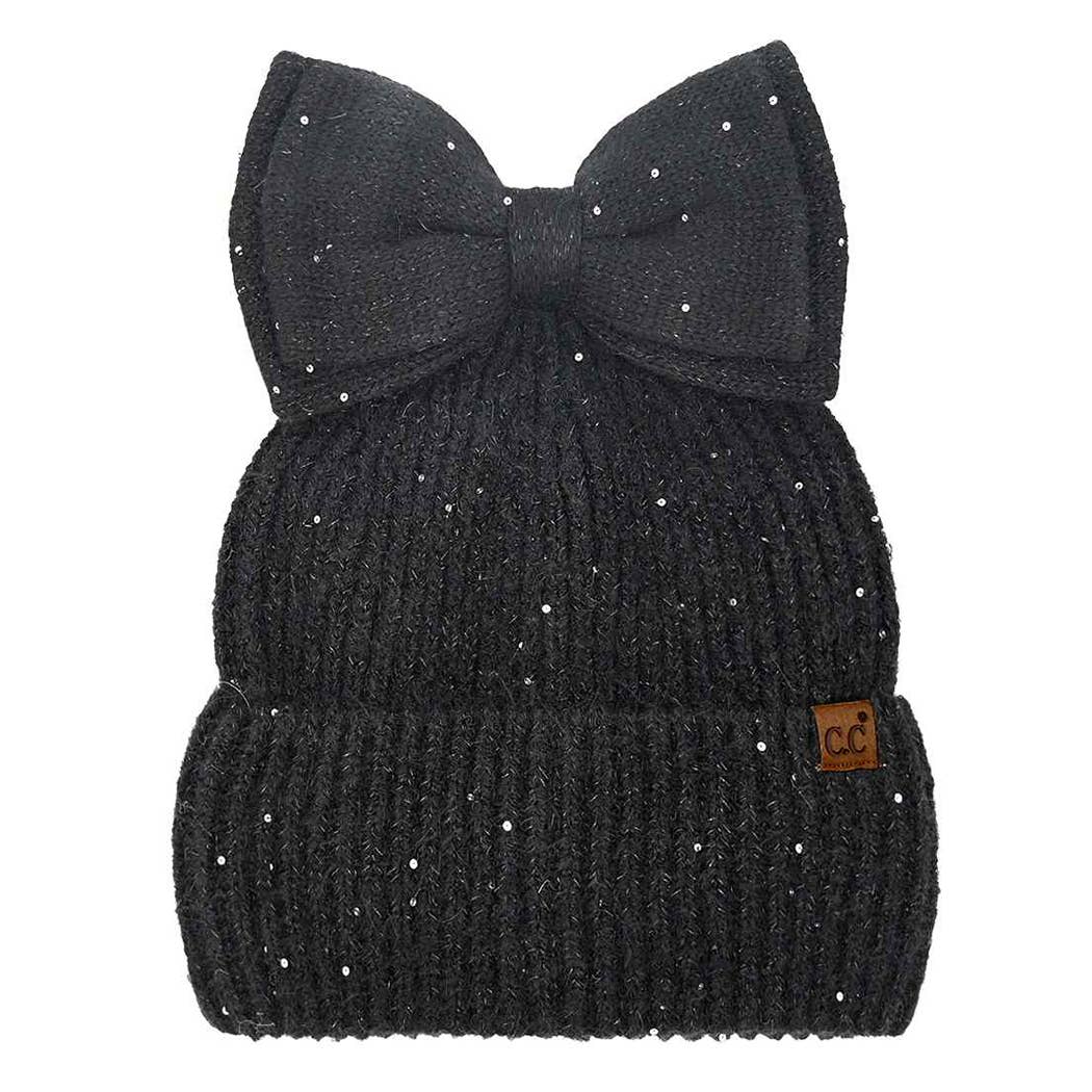 Fashion City – Engroshandel Beanie - Dame – Messy Bun Bow Beanie med pailletter1
