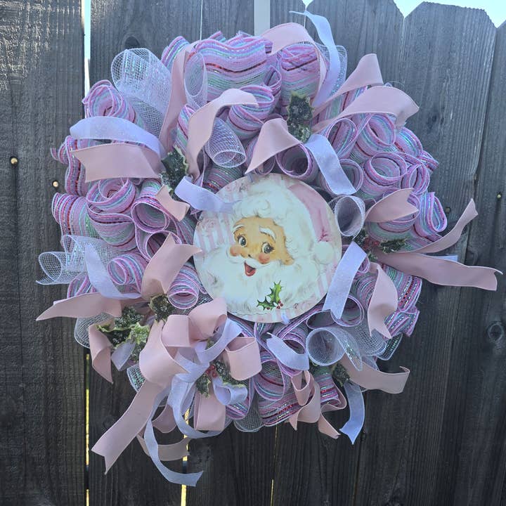 An Array of Wreaths, LLC - Wholesale Wreath - Vintage Pink Santa Deco Mesh Wreath