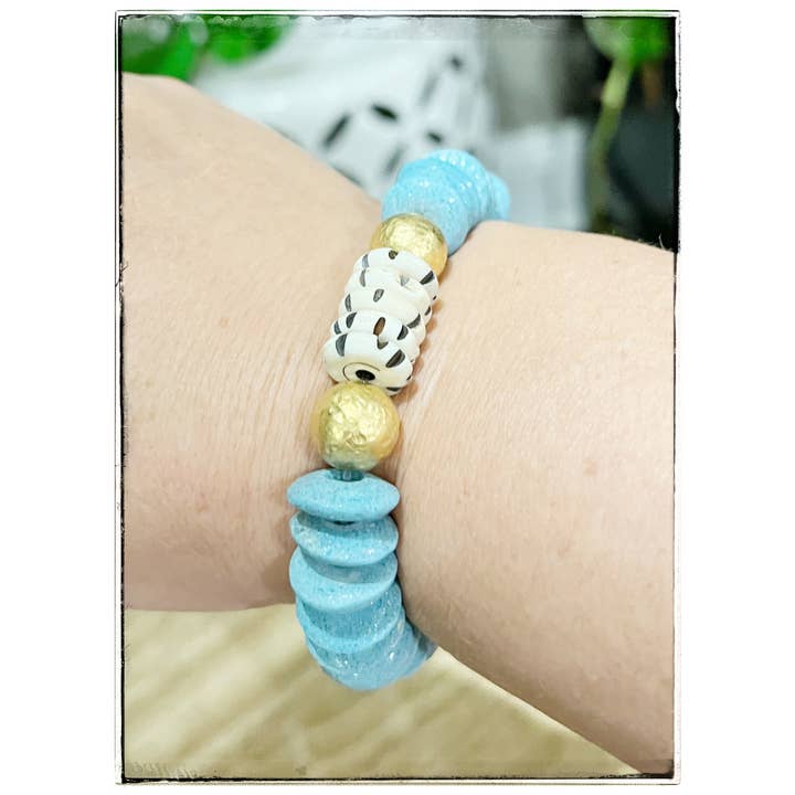 GentrybyJenna - Wholesale Beaded Bracelet - Ashanti Glass & Brass Bead Stretch Bracelet- Light Teal2