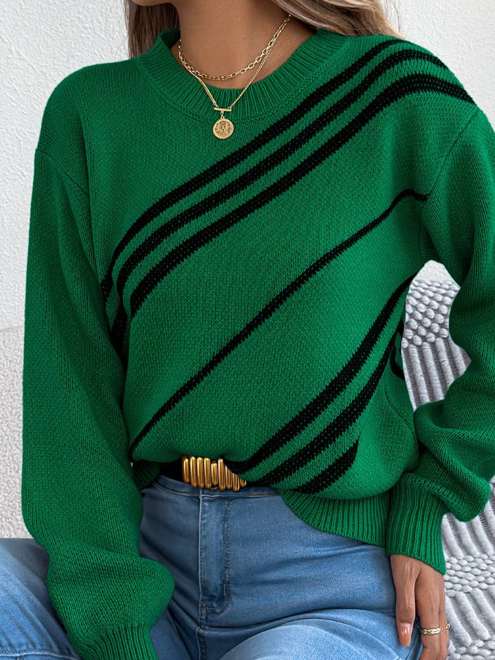 Svelte Seduction - Wholesale Knitted jumper – Women′s - Women Clothing Autumn Winter Casual Striped round Neck Lantern Long Sleeve Pullover5