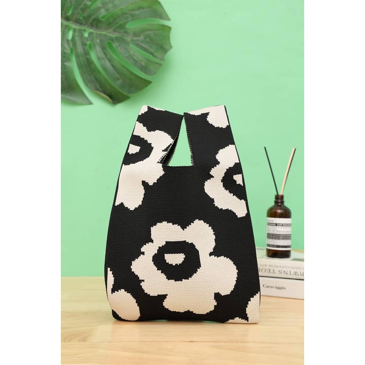JC Sunny Fashion - Wholesale Tote Bag - Women's - JCB005 Mini Knitted Handbag--Black/White Floral