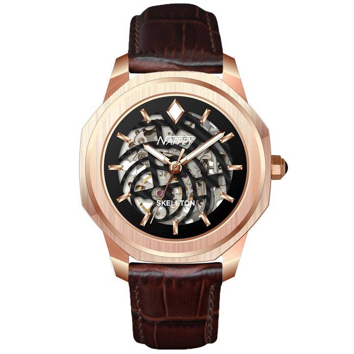 Nappey - Wholesale Wrist Watch - Men's - Nappey Skeleton Rose Gold And Black Leather Brown 115X94X761