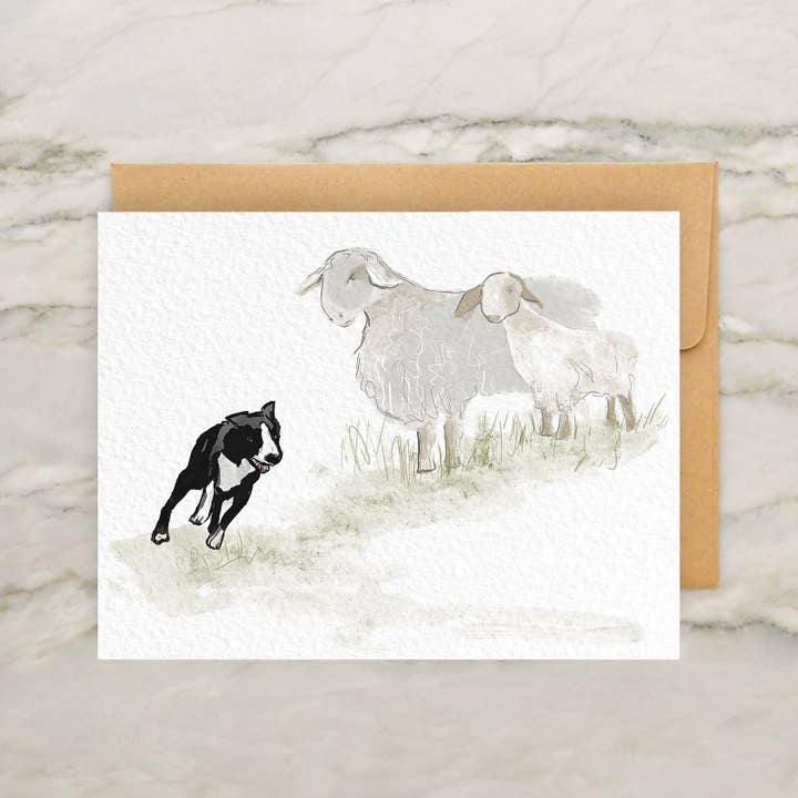 Carte Border Collie and Two Concerned Sheep 10,2 x 12,7 cm pour la vente par Hudson Illustration Co - About Town Co