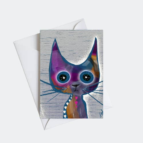 Art Greeting Card 5x7 - Quirky Multicolor Cat - Single Card for wholesale by Wild Thorn Collective
