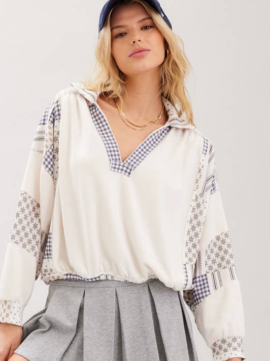 Ecru Multi Patch Printed Cotton Terry Slouchy Top for wholesale on Faire0