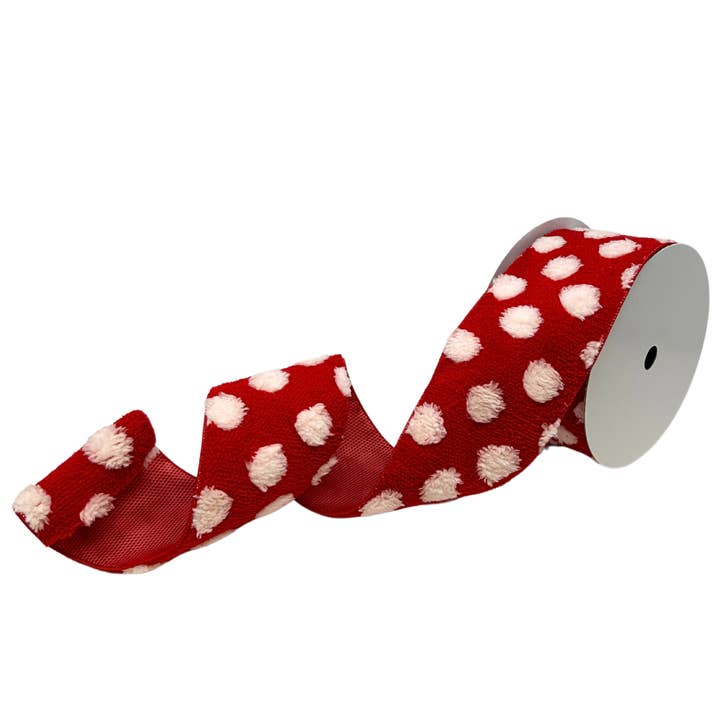 David Christopher's Collection - Wholesale Ribbon - Gift Wrapping - FUZZY RED WITH WHITE DOT RIBBON 4" X 10YD