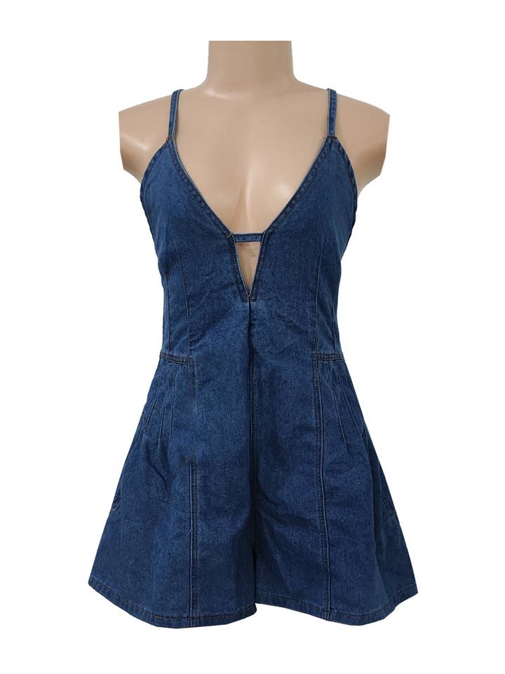 Rosa Clothing - Wholesale Romper - Women's - Western cowgirl Style chill Denim romper strappy shortall8