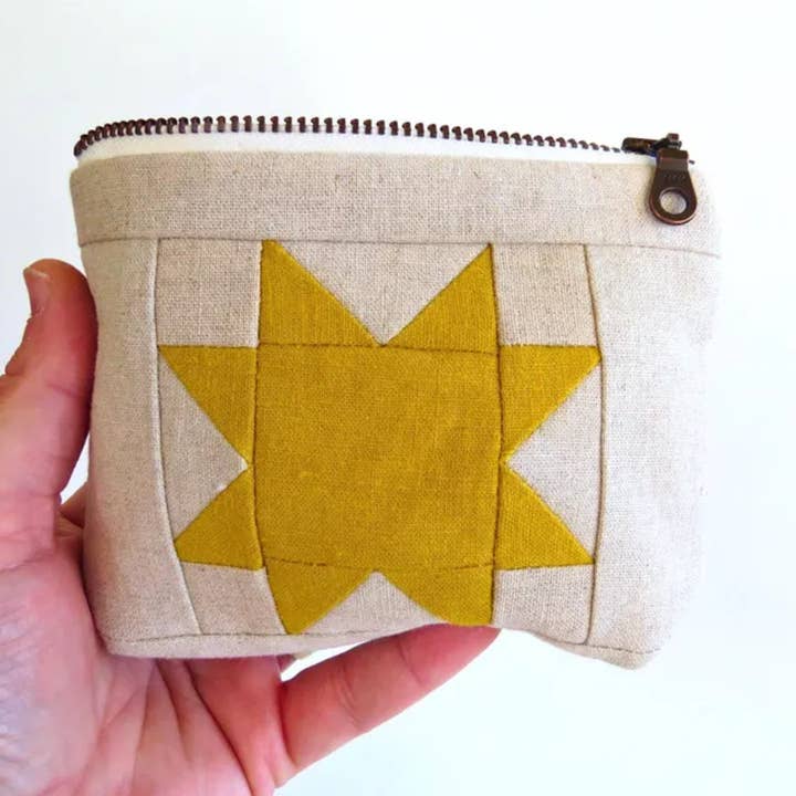 Handmade Quilted Linen Pouch – Sawtooth Star Design YELLOW for wholesale by PaperFromHeaven