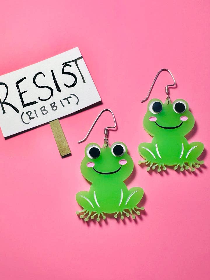 PDX Protest Frog Earrings – Handmade Acrylic Statement Jewelry for wholesale by Luna B Jewelry