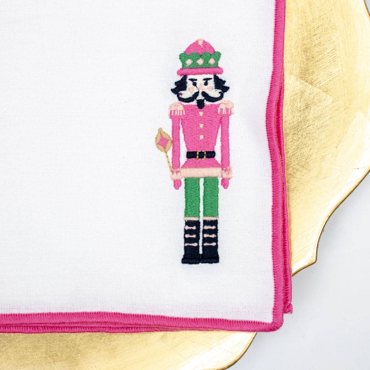 The Royal Standard - Wholesale Dinner & Cloth Napkin - Nutcracker Embroidered Napkin   White/Hot Pink   18x181