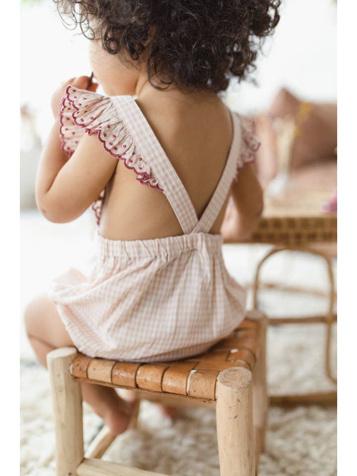 Craie JAZZ 24 Gingham Check Romper with Floral Embroidery for wholesale on Faire3