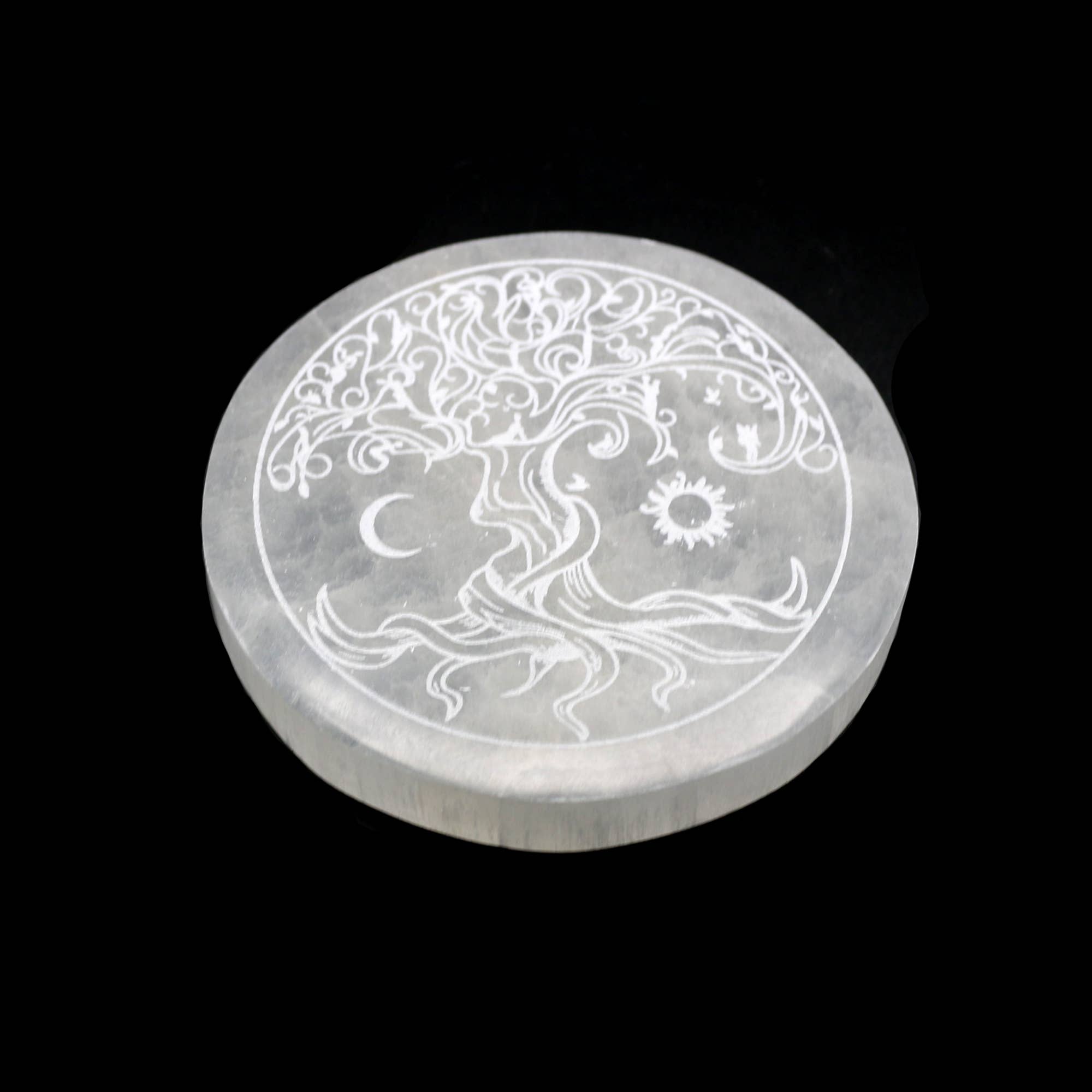 Designs by Deekay Inc. - Wholesale Crystal Charging Plate - Round Selenite Charging Plate (4 in.) - Tree of Life